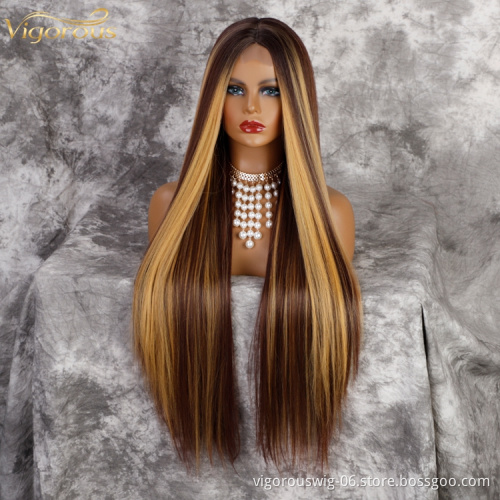 Vigorous long Straight ombre mix brown blonde wigs synthetic lace wig women middle part heat resistant fiber natural looking wig